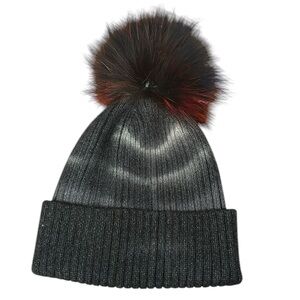Black tie dye winter hat with colorful faux fur Pom Pom